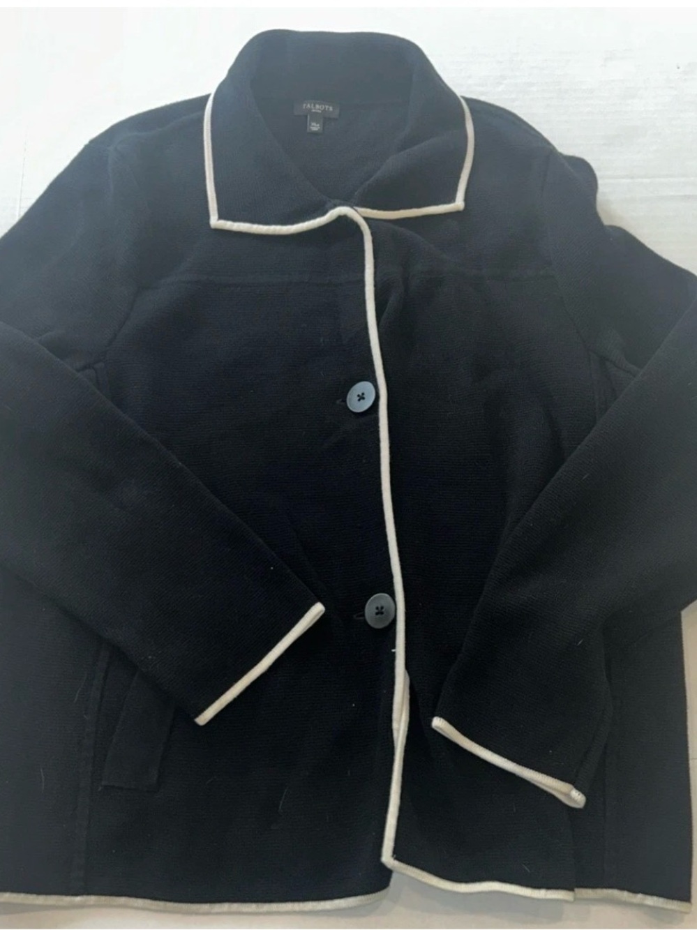 Talbots Jacket Womens Petite Black White Trim Button Blazer Jacket Sweater XL